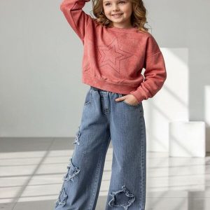Yıldız Taşlı Detaylı Sweatshirt Yıldız Detay Jean Pantolonlu 2 li Kız Çocuk Takım